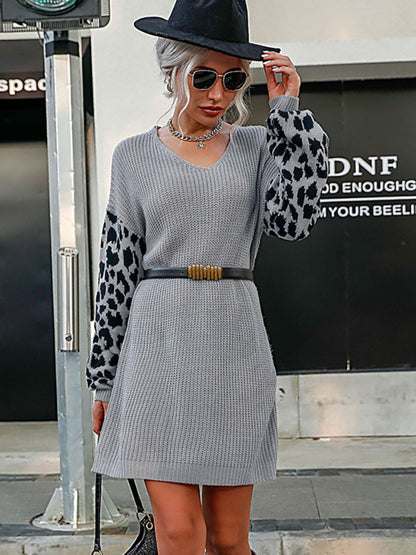 Leopard Print Splicing Casual Loose Sweater Dress (without belt)