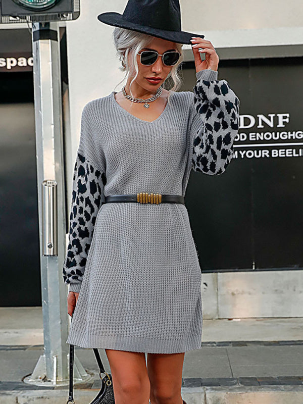 Leopard Print Splicing Casual Loose Sweater Dress (without belt)