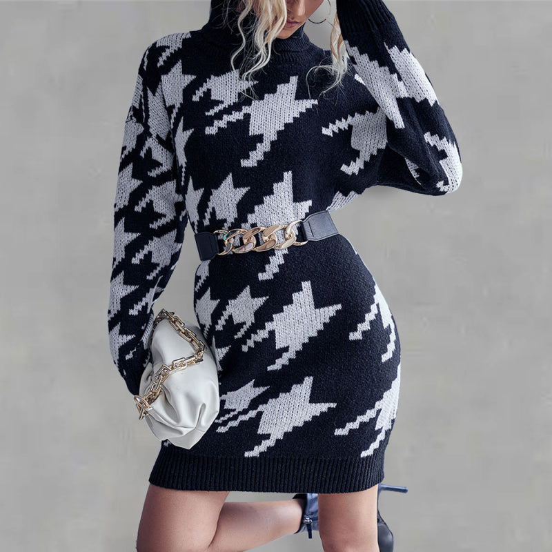 High Neck Loose Long Sleeve Sweater Dress (without belt)