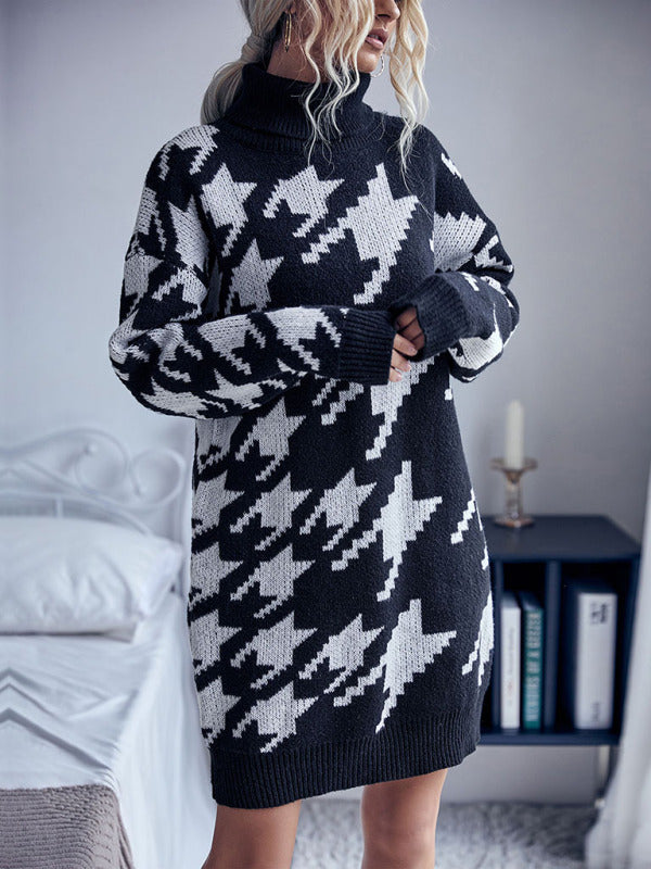 High Neck Loose Long Sleeve Sweater Dress (without belt)