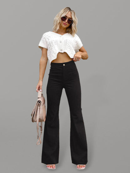 Solid Color High Waist Slim Flared Casual Corduroy Pants