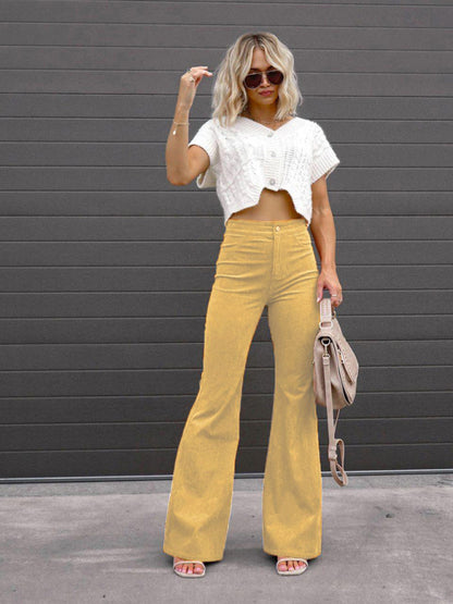 Solid Color High Waist Slim Flared Casual Corduroy Pants