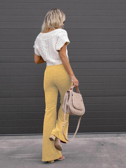 Solid Color High Waist Slim Flared Casual Corduroy Pants