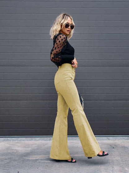 Solid Color High Waist Slim Flared Casual Corduroy Pants