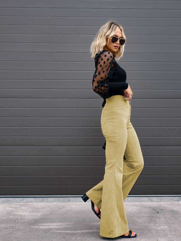 Solid Color High Waist Slim Flared Casual Corduroy Pants