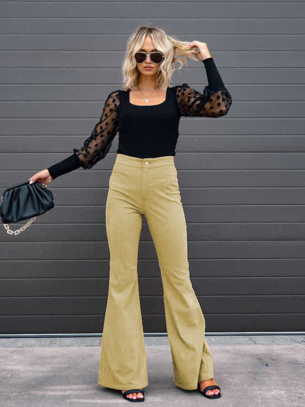 Solid Color High Waist Slim Flared Casual Corduroy Pants