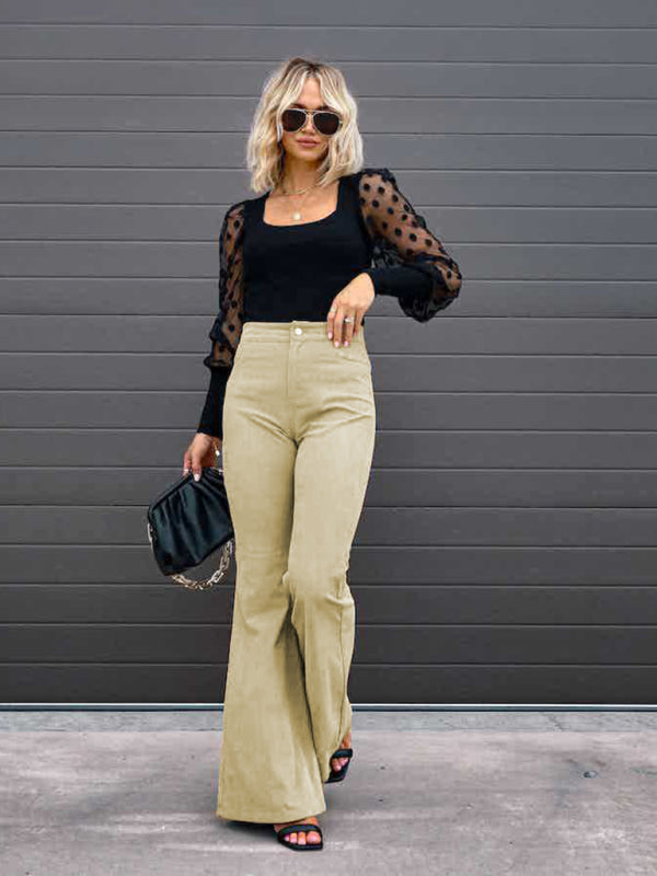 Solid Color High Waist Slim Flared Casual Corduroy Pants