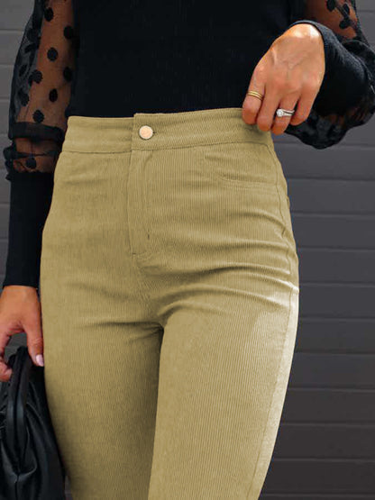 Solid Color High Waist Slim Flared Casual Corduroy Pants