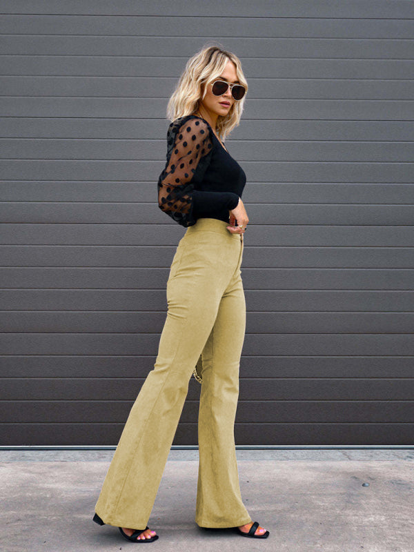 Solid Color High Waist Slim Flared Casual Corduroy Pants