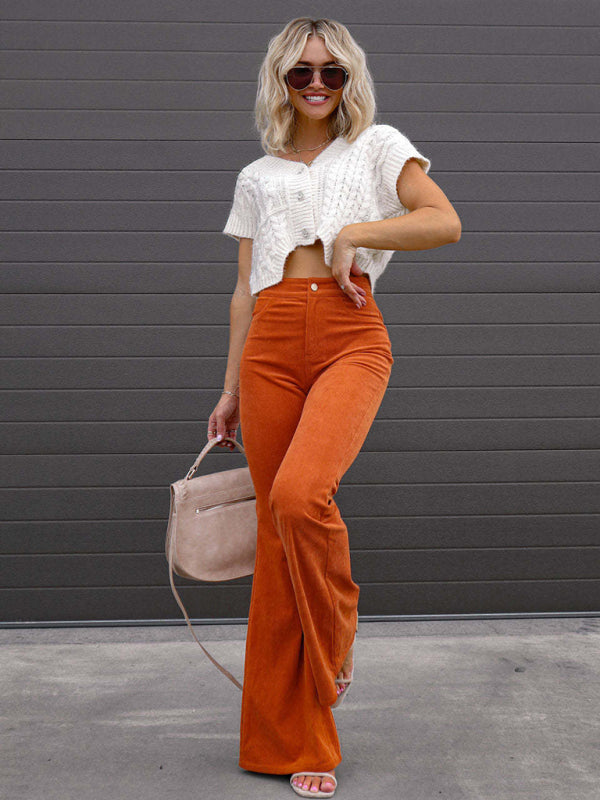 Solid Color High Waist Slim Flared Casual Corduroy Pants