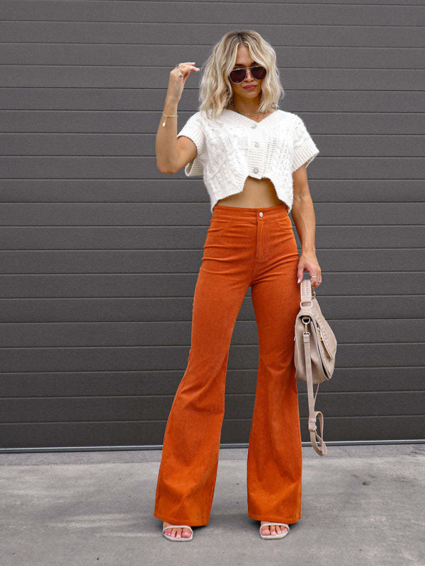 Solid Color High Waist Slim Flared Casual Corduroy Pants