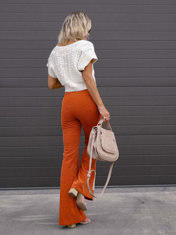 Solid Color High Waist Slim Flared Casual Corduroy Pants