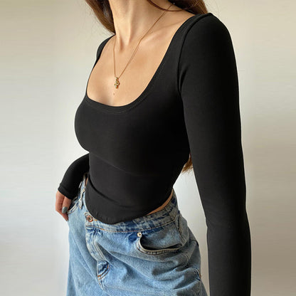 Knit Square Neck Long Sleeve Cropped T-Shirt