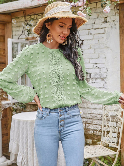 Round Neck Balloon Sleeve Solid Color Lace Blouse