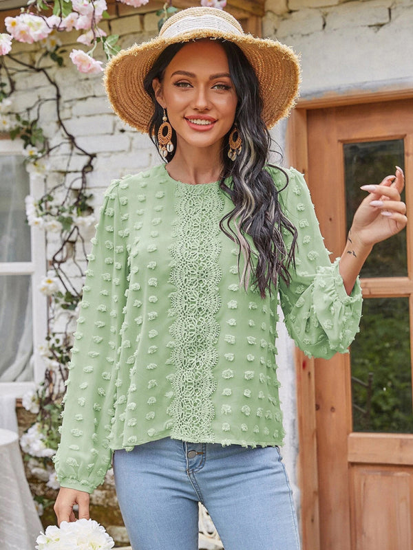 Round Neck Balloon Sleeve Solid Color Lace Blouse