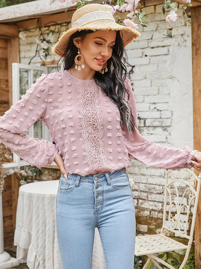 Round Neck Balloon Sleeve Solid Color Lace Blouse