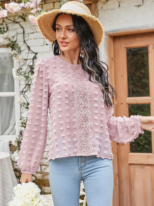 Round Neck Balloon Sleeve Solid Color Lace Blouse