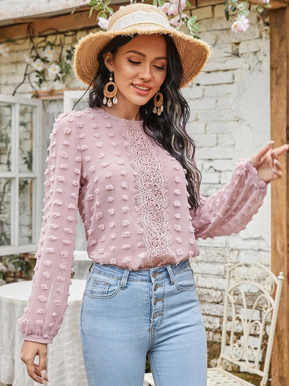 Round Neck Balloon Sleeve Solid Color Lace Blouse