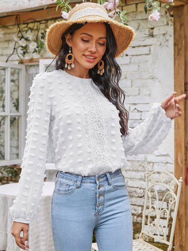 Round Neck Balloon Sleeve Solid Color Lace Blouse