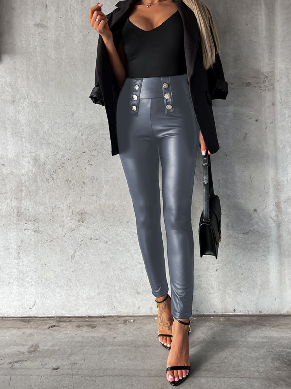 Solid Color Button-down Skinny Casual Leather Pants