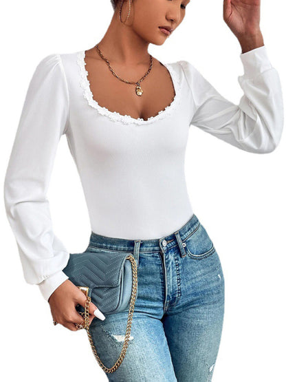 V-neck Puff Sleeve Slim Fit French Lace Top