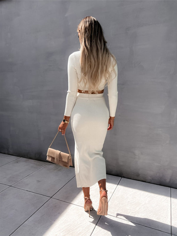 Threaded Long-sleeved Crop Top & Slit Midi Skirt Set