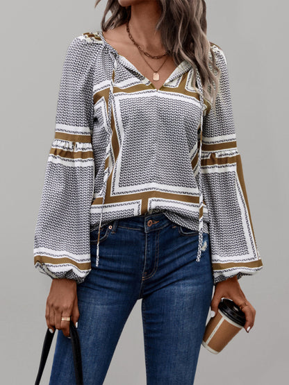 Geometric Pattern Balloon Sleeve Printed Blouse