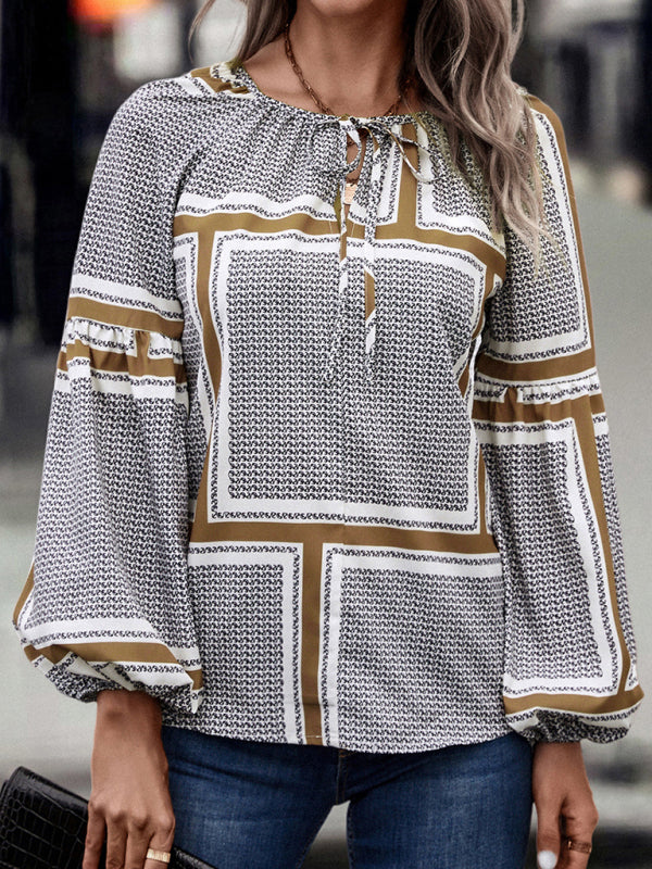 Geometric Pattern Balloon Sleeve Printed Blouse