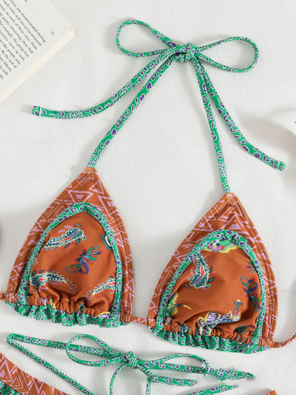 Ethnic Print Halter Neck Tie Bikini Swimsuit