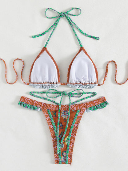 Ethnic Print Halter Neck Tie Bikini Swimsuit