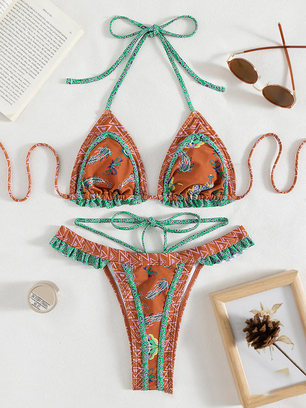 Ethnic Print Halter Neck Tie Bikini Swimsuit