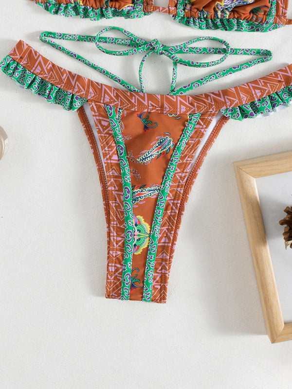 Ethnic Print Halter Neck Tie Bikini Swimsuit