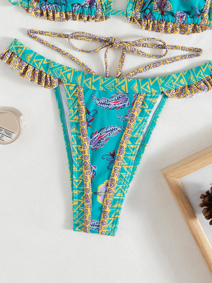 Ethnic Print Halter Neck Tie Bikini Swimsuit