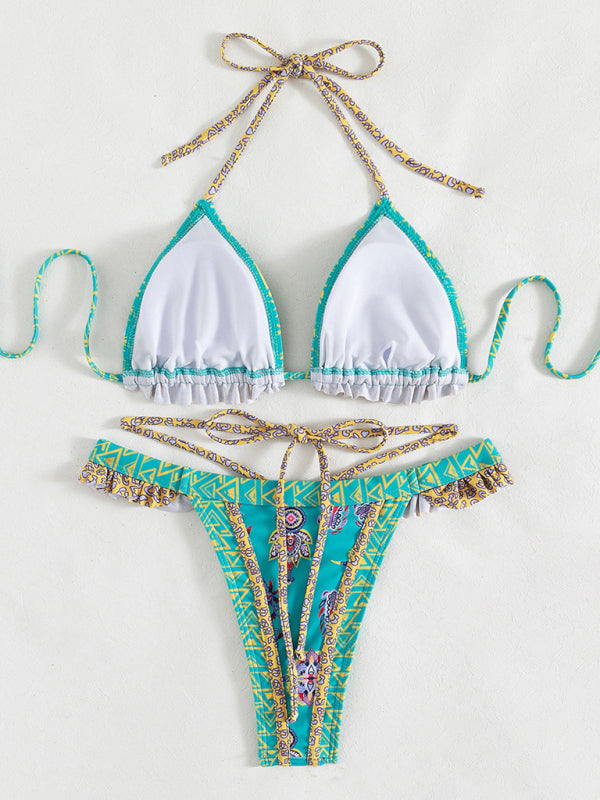 Ethnic Print Halter Neck Tie Bikini Swimsuit