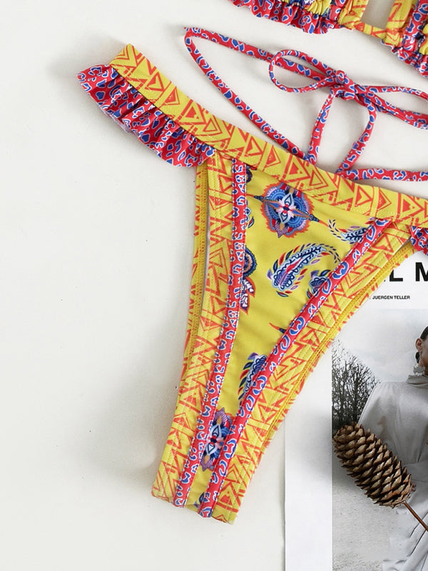 Ethnic Print Halter Neck Tie Bikini Swimsuit