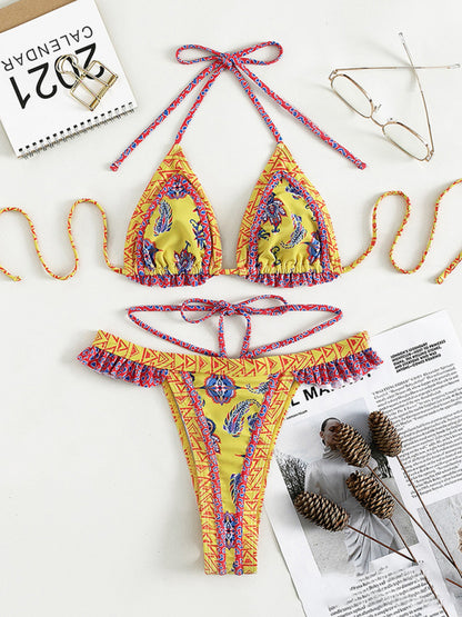 Ethnic Print Halter Neck Tie Bikini Swimsuit