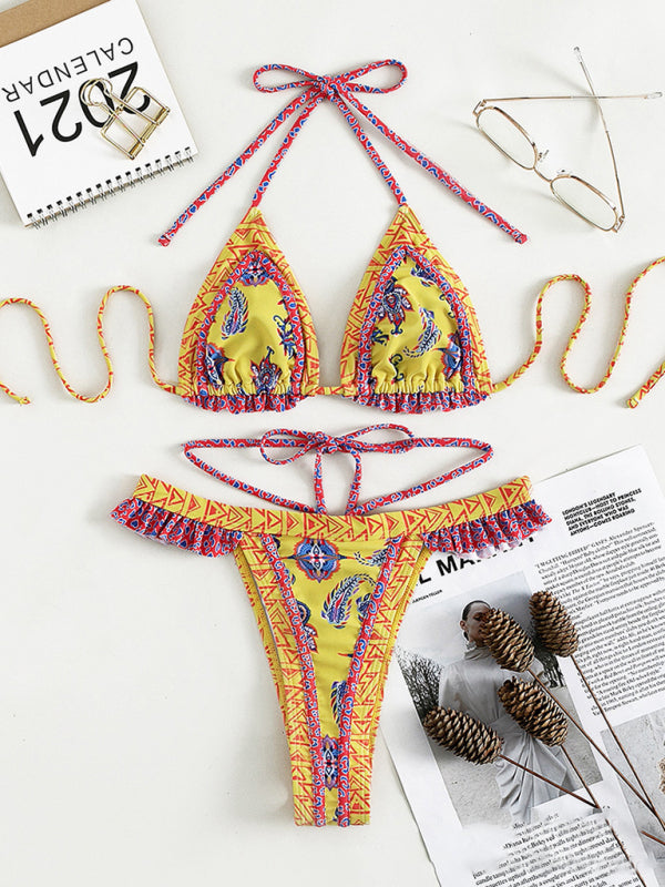 Ethnic Print Halter Neck Tie Bikini Swimsuit