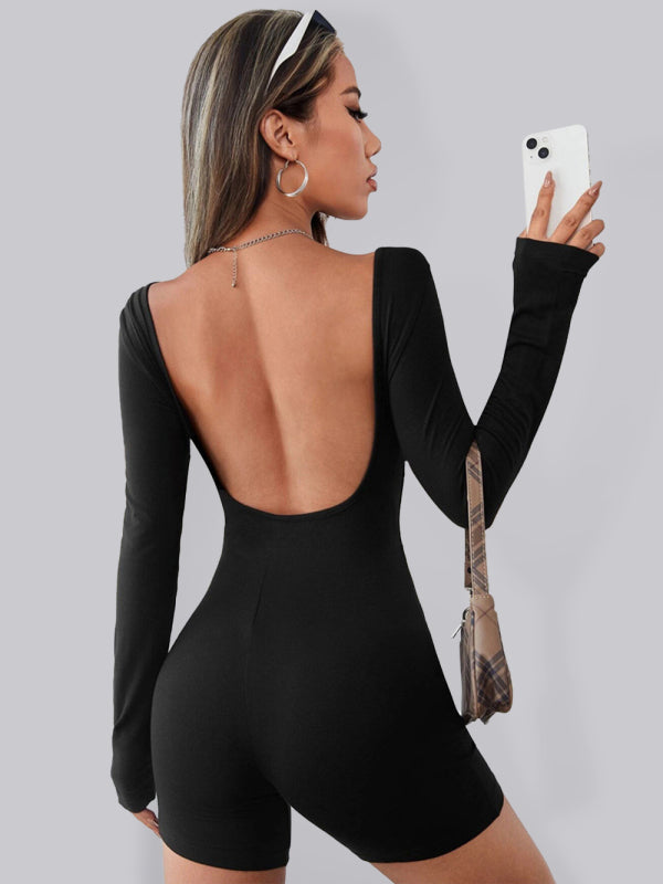 Knitted Sexy Open-back Long Sleeve Romper