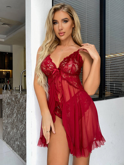 V-neck Short Lace Halter Gown Top Lingerie Set