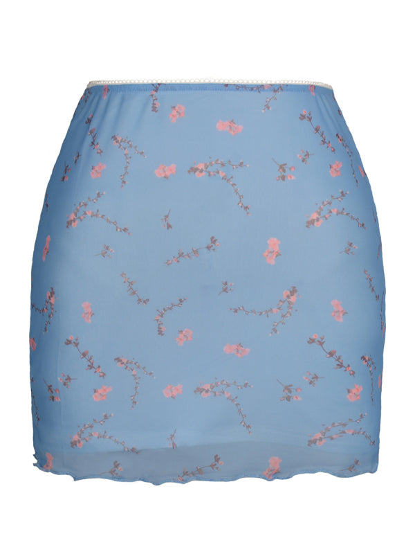 Printed Mesh High Waist Double Layer Slim Mini skirt