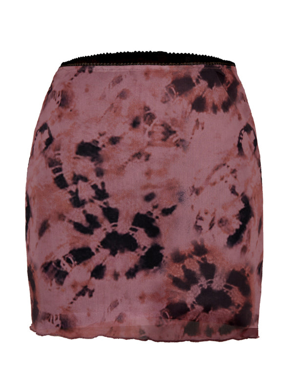 Printed Mesh High Waist Double Layer Slim Mini skirt