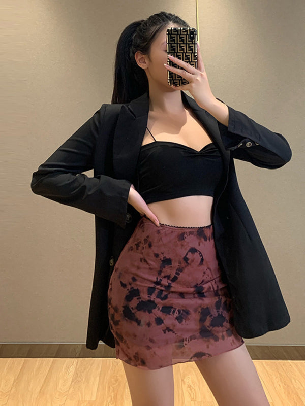 Printed Mesh High Waist Double Layer Slim Mini skirt