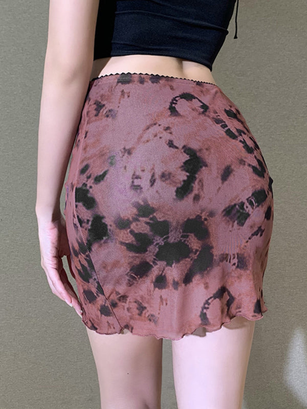 Printed Mesh High Waist Double Layer Slim Mini skirt