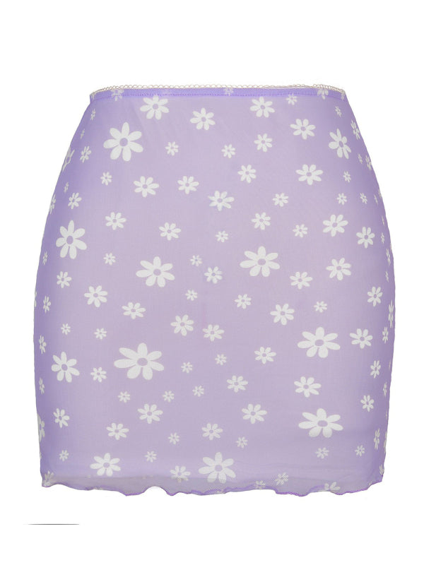 Printed Mesh High Waist Double Layer Slim Mini skirt