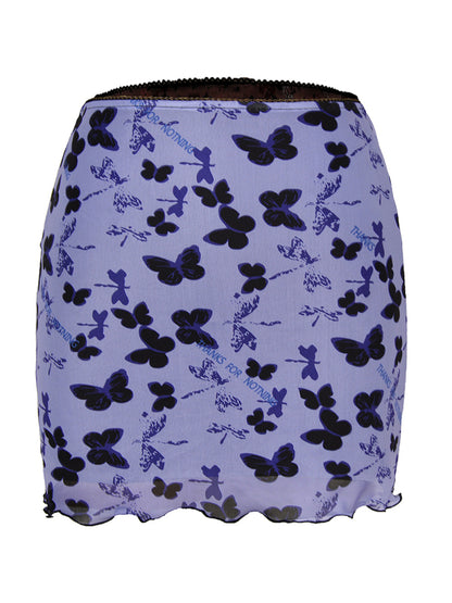 Printed Mesh High Waist Double Layer Slim Mini skirt