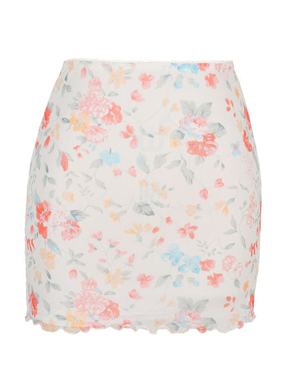 Printed Mesh High Waist Double Layer Slim Mini skirt