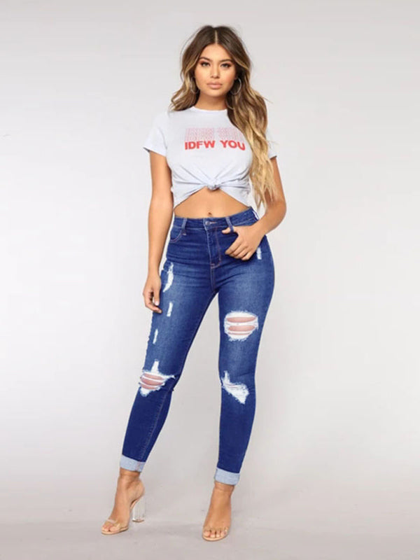 High Waist Trendy Fashion Ripped Washed Jeans