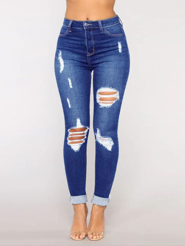 High Waist Trendy Fashion Ripped Washed Jeans