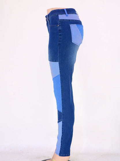 Two-color Stitching Street Wash High Waist Skinny Jeans