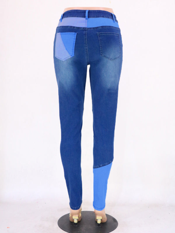 Two-color Stitching Street Wash High Waist Skinny Jeans